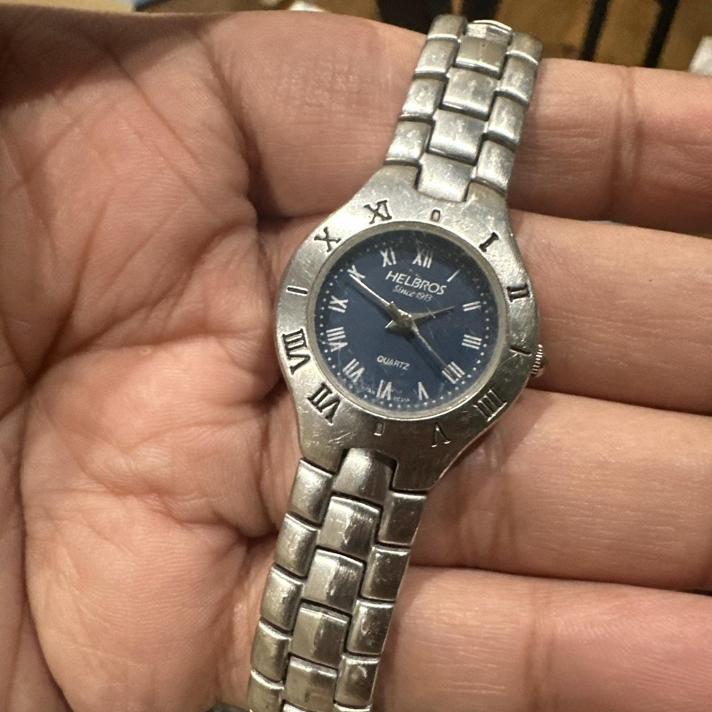 Works VTG Helbros Blue Dial‎ Ladies Watch Quartz Stainless Steel 25mm Fit 7in
